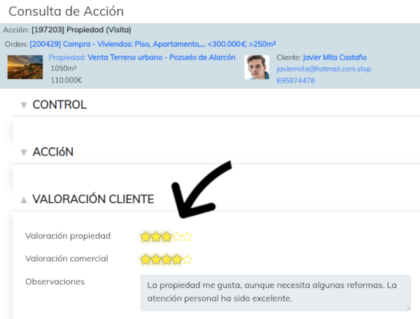 Botón para solicitar valoración de la visita al cliente